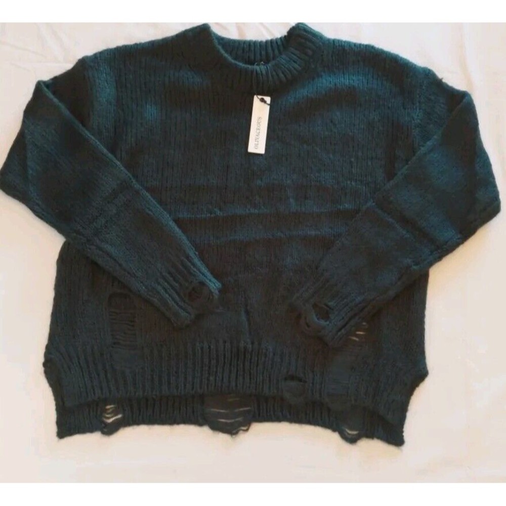 Olivaceous Forest Green Distressed Crew Neck Sweater M Hi-lo Hem Wool Blend